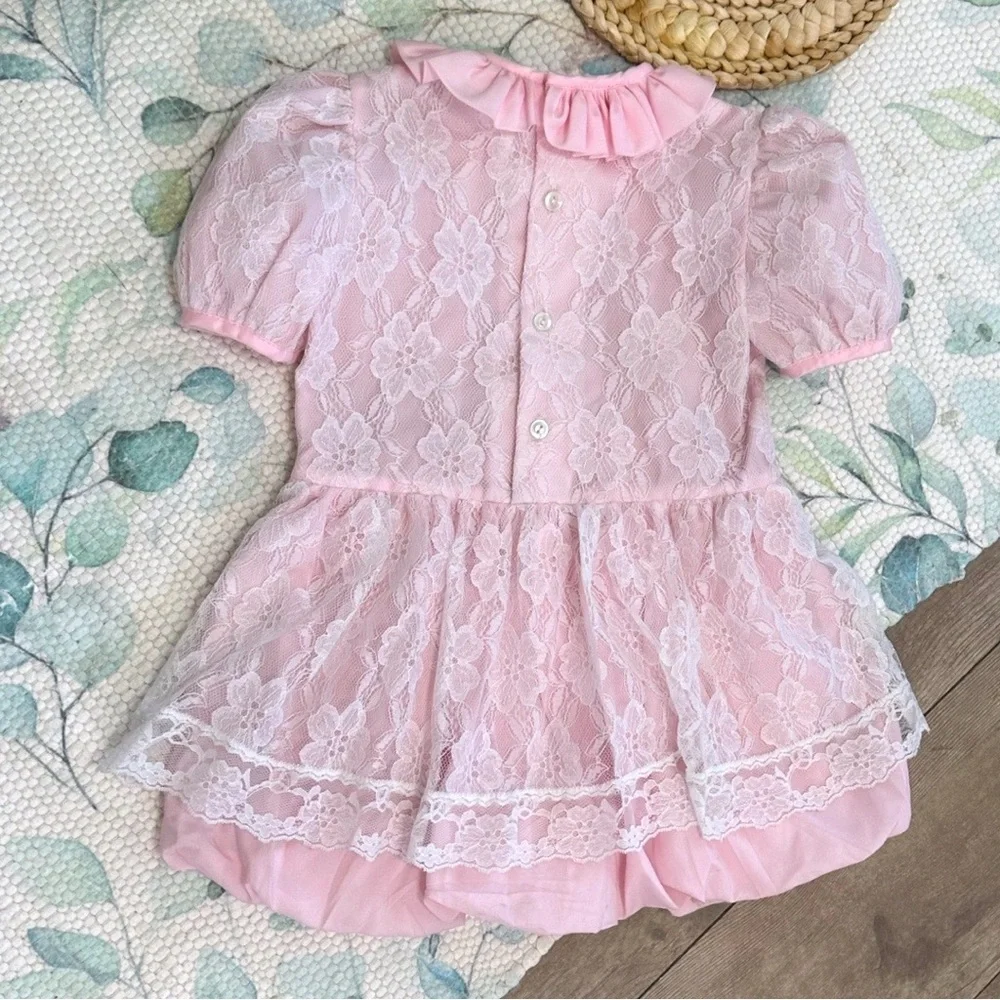 Vintage Toddler Girl Dress Pink White Floral Lace by Ribbons & Lace Collection